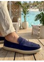 BA0251 %100 İçi Dışı Hakiki Deri Erkek Lacivert Süet Casual Loafer Kauçuk Rahat Taban Dikişli Ayakkabı