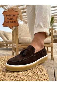 BA0250 %100 İçi Dışı Hakiki Deri Erkek Kahverengi Süet Casual Loafer Püskül Detaylı Kauçuk Rahat Taban Dikişli Ayakkabı