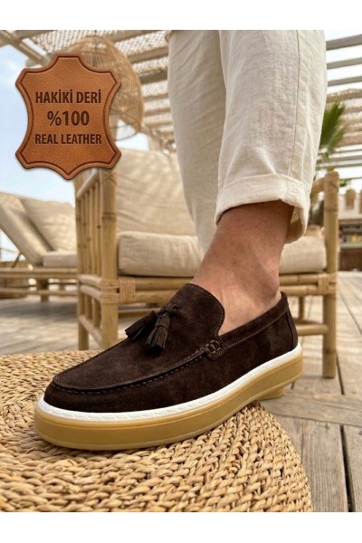 BA0250 %100 İçi Dışı Hakiki Deri Erkek Kahverengi Süet Casual Loafer Püskül Detaylı Kauçuk Rahat Taban Dikişli Ayakkabı