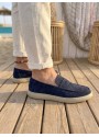 BA0251 %100 İçi Dışı Hakiki Deri Erkek Lacivert Süet Casual Loafer Kauçuk Rahat Taban Dikişli Ayakkabı
