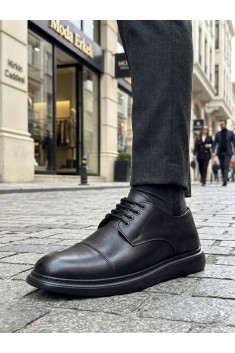 BA0003 Siyah Kapaklı Burun Bağcıklı Erkek Oxford Ayakkabı