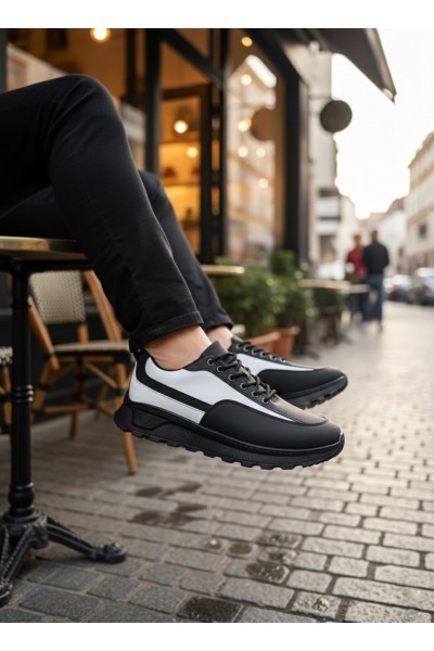 BA0246 Siyah Beyaz Parçalı Bağcıklı Yüksek Taban Günlük Erkek Ayakkabı