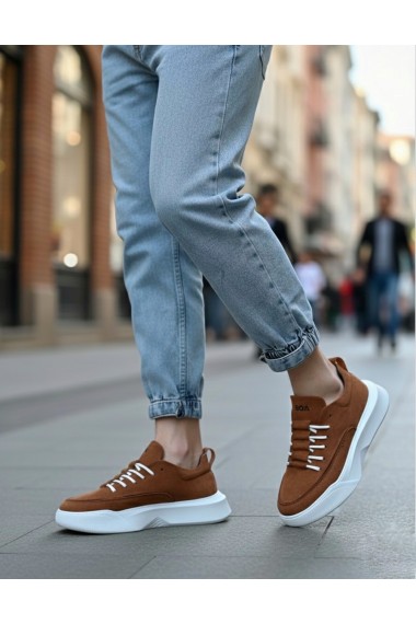 BA0332 Merdiven Desen Bağcıklı Erkek Yüksek Taban Taba Süet Beyaz Taban Spor Ayakkabı