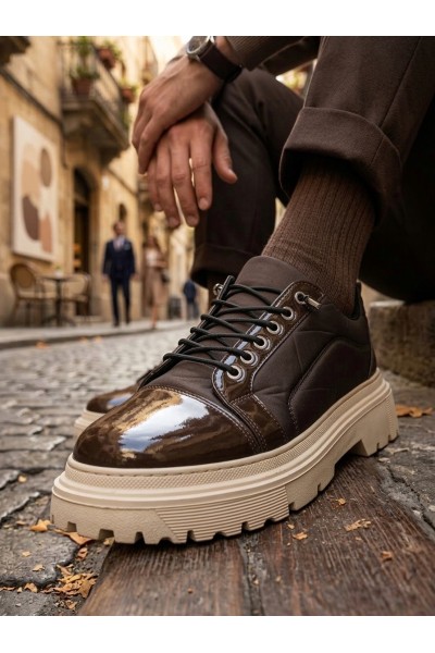 BA0245 Kahverengi Rugan Paraşüt Detaylı Akıllı Lastik Bağcık Yüksek Bej Taban Günlük Erkek Ayakkabı