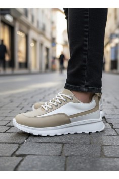 BA0246 Krem Bağcıklı Yüksek Beyaz Taban Günlük Erkek Ayakkabı