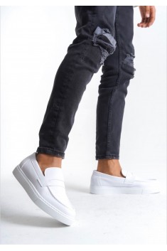 BA0580 Bağcıksız Kuşaklı Yüksek Taban Beyaz Cilt Erkek Ayakkabı