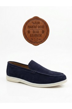 BA0252 %100 İçi Dışı Hakiki Deri Erkek Lacivert Süet Casual Loafer Termo Taban Ayakkabı