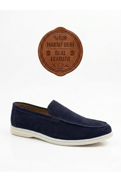 BA0252 %100 İçi Dışı Hakiki Deri Erkek Lacivert Süet Casual Loafer Termo Taban Ayakkabı