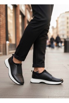 BA0244 İçi Dışı Hakiki Deri Bantlı Rahat Taban Casual Siyah Erkek Ayakkabı