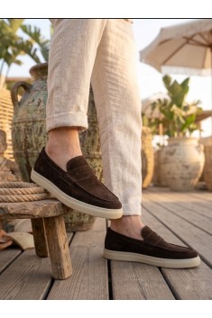 BA0251 %100 İçi Dışı Hakiki Deri Erkek Kahverengi Süet Casual Loafer Kauçuk Rahat Taban Dikişli Ayakkabı