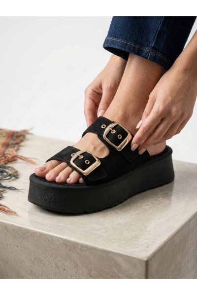 Yazlık Kadın Siyah Platform Taban Tokalı Terlik