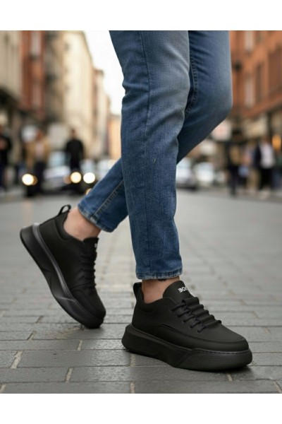 BA0332 Merdiven Desen Bağcıklı Erkek Yüksek Taban Siyah Cilt Siyah Taban Spor Ayakkabı BA0332 Merdiven Desen Bağcıklı Erkek Yüksek Taban Siyah Cilt Siyah Taban Spor Ayakkabı