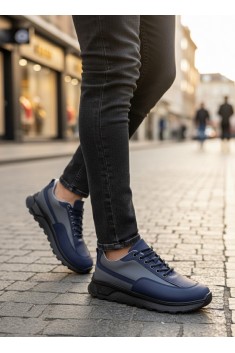 BA0246 Lacivert Gri Parçalı Bağcıklı Yüksek Taban Günlük Erkek Ayakkabı