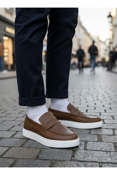 BA0580 Bağcıksız Kuşaklı Yüksek Taban Taba Cilt Erkek Ayakkabı