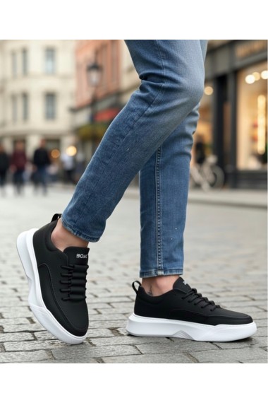 BA0332 Merdiven Desen Bağcıklı Erkek Yüksek Taban Siyah Cilt Beyaz Taban Spor Ayakkabı