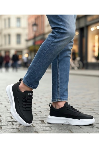 BA0332 Merdiven Desen Bağcıklı Erkek Yüksek Taban Siyah Cilt Beyaz Taban Spor Ayakkabı BA0332 Merdiven Desen Bağcıklı Erkek Yüksek Taban Siyah Cilt Beyaz Taban Spor Ayakkabı