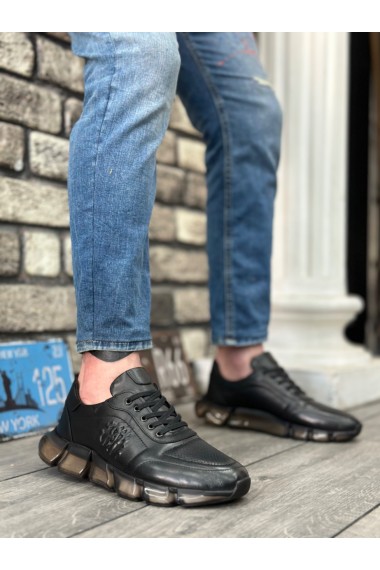 BA0338 İçi Dışı Hakiki Deri Rahat Taban Siyah Sneakers Casual Erkek Ayakkabı