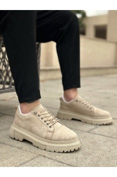 BA0245 Krem Süet Akıllı Lastik Bağcık Yüksek Taban Günlük Erkek Ayakkabı