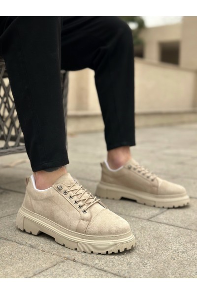 BA0245 Krem Süet Akıllı Lastik Bağcık Yüksek Taban Günlük Erkek Ayakkabı