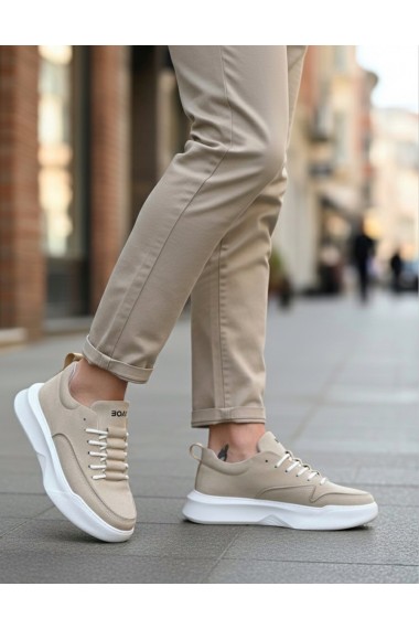 BA0332 Merdiven Desen Bağcıklı Erkek Yüksek Taban Krem Süet Spor Ayakkabı