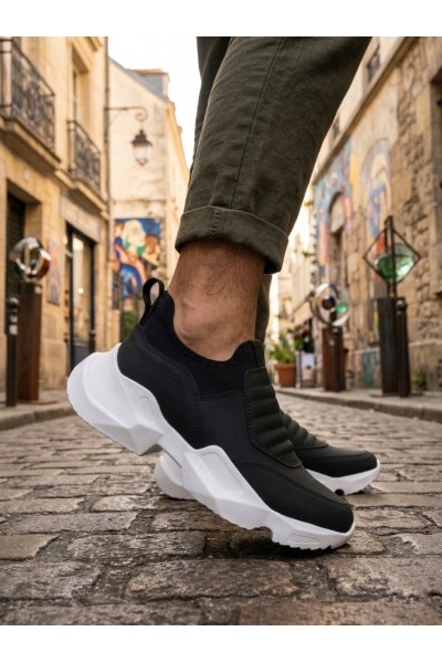 BA0402 Bağcıksız Rahat Yüksek Taban Siyah Erkek Spor Yarım Bilek Bot