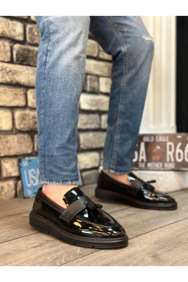 BA0005 Bağcıksız Yüksek Siyah Taban Klasik Rugan Püsküllü Corcik Erkek Ayakkabı