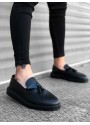BA0005 Bağcıksız Yüksek Taban Klasik Siyah Parlak Kuşaklı Püsküllü Erkek Ayakkabı