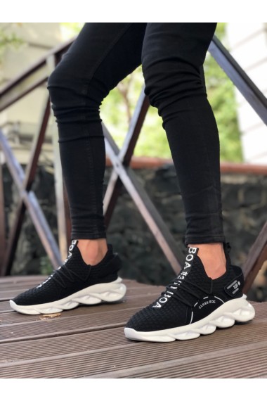 BA0350 Yüksek Taban Tarz Sneakers Cırt Detaylı Siyah Beyaz Tabanlı Erkek Spor Ayakkabısı