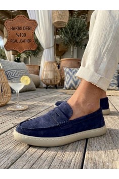 BA0251 %100 İçi Dışı Hakiki Deri Erkek Lacivert Süet Casual Loafer Kauçuk Rahat Taban Dikişli Ayakkabı