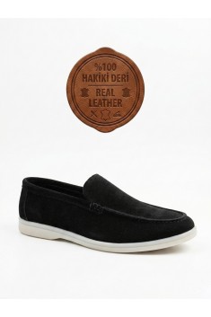BA0252 %100 İçi Dışı Hakiki Deri Erkek Siyah Süet Casual Loafer Termo Taban Ayakkabı