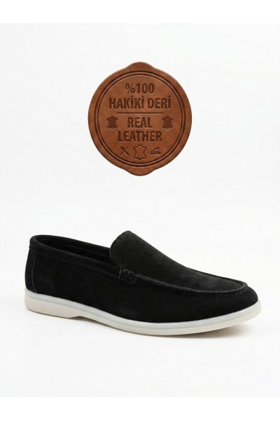 BA0252 %100 İçi Dışı Hakiki Deri Erkek Siyah Süet Casual Loafer Termo Taban Ayakkabı