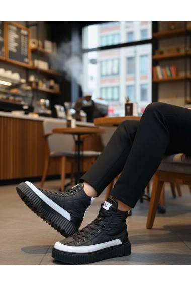 BA0811 BOA Yüksek Taban Siyah Paraşüt Kumaş Beyaz Cilt Detaylı Yarım Bilek Spor Bot 