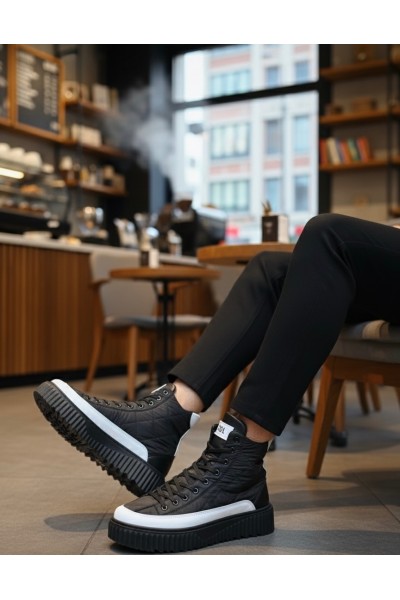 BA0811 BOA Yüksek Taban Siyah Paraşüt Kumaş Beyaz Cilt Detaylı Yarım Bilek Spor Bot 