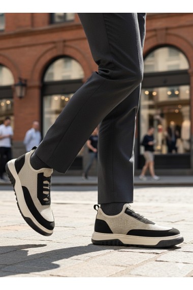 BA0911 Özel Örme Triko Deri Tozu Detaylı Bej Siyah Günlük Spor Ayakkabı 