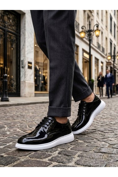 BA0003 Siyah Bağcıklı Rugan Beyaz Taban Erkek Klasik Ayakkabı