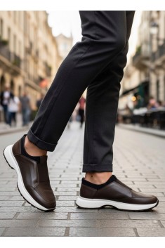 BA0244 İçi Dışı Hakiki Deri Bantlı Rahat Taban Casual Kahverengi Erkek Ayakkabı