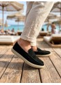 BA0251 %100 İçi Dışı Hakiki Deri Erkek Siyah Süet Casual Loafer Kauçuk Rahat Taban Dikişli Ayakkabı