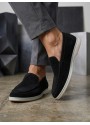 BA0252 %100 İçi Dışı Hakiki Deri Erkek Siyah Süet Casual Loafer Termo Taban Ayakkabı