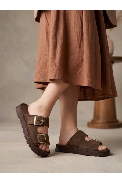 Yazlık Kadın Kahverengi İnce Taban Tokalı Terlik