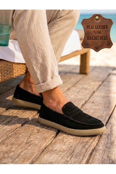 BA0251 %100 İçi Dışı Hakiki Deri Erkek Siyah Süet Casual Loafer Kauçuk Rahat Taban Dikişli Ayakkabı