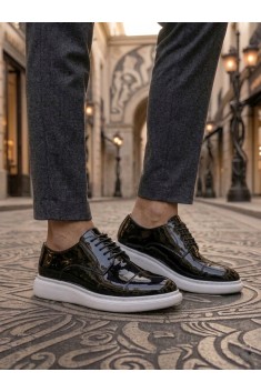 BA0003 Siyah Kapaklı Burun Bağcıklı Rugan Beyaz Taban Erkek Oxford Ayakkabı