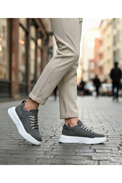 BA0332 Merdiven Desen Bağcıklı Erkek Yüksek Taban Antrasit Cilt Spor Ayakkabı