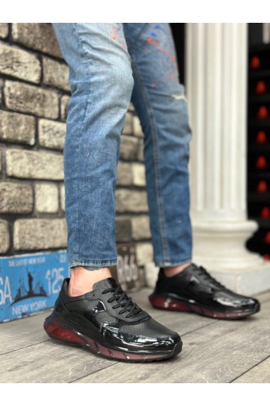 BA0324 İçi Dışı Hakiki Deri Rahat Taban Siyah Kırmızı Sneakers Casual Erkek Ayakkabı