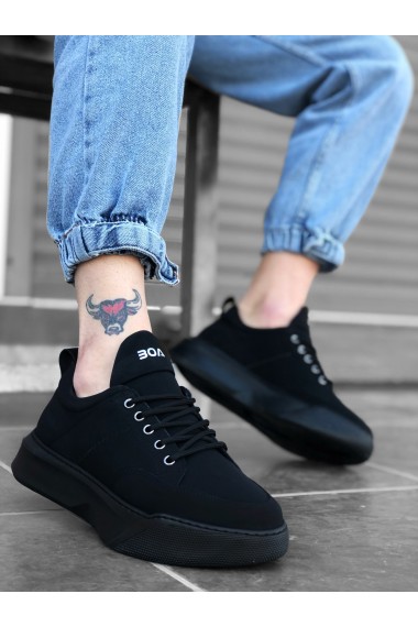 BA0163 Bağcıklı Erkek Yüksek Taban Siyah Spor Ayakkabı