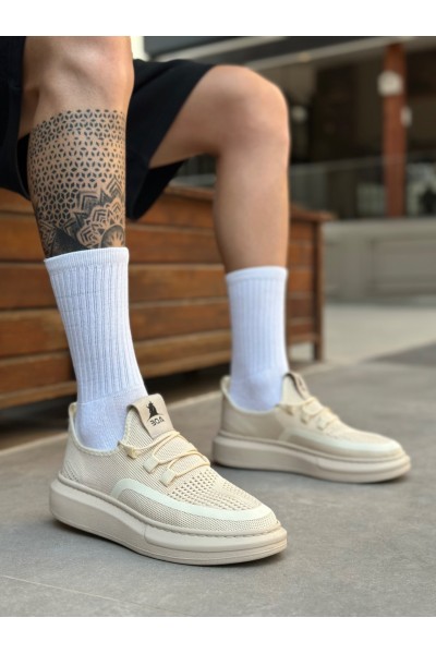 BA0375 Özel Örme Triko Tarz Krem Renk Spor Ayakkabı 