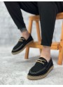 BA0358 BOA Doğal Deri Tozu Bağcıklı Kauçuk El Yapımı Espadril Taban Siyah Renk Erkek Ayakkabı