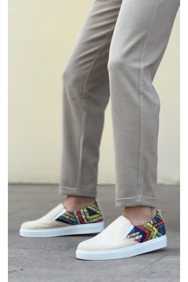 BA0339 Bağcıksız Keten Krem Renkli Desenli Beyaz Taban Günlük Erkek Ayakkabı