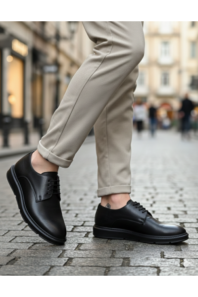 BA0003 Bağcıklı Klasik Siyah Yüksek Siyah Taban Casual Erkek Ayakkabı