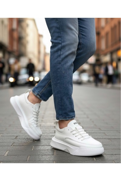 BA0332 Merdiven Desen Bağcıklı Erkek Yüksek Taban Beyaz Cilt Spor Ayakkabı