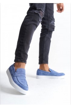 BA0580 Bağcıksız Kuşaklı Yüksek Taban Mavi Süet Erkek Ayakkabı
